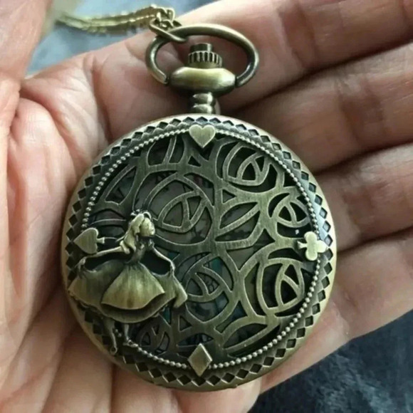 Alice in Wonderland Anime Style Face Bronze Pocket Watch and Chain NWT - Picture 4 of 5